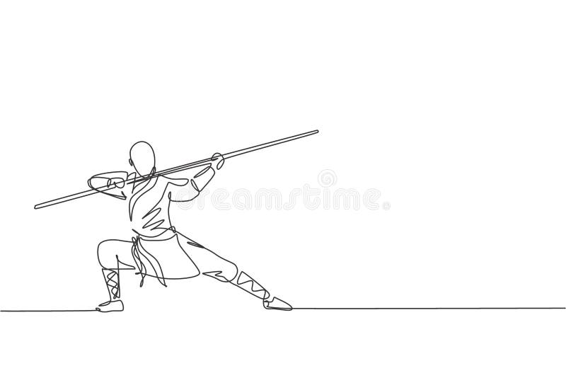 Jeden rysunek młodej energicznej szaoliny mnich ćwiczyć kung fu walcząc z patykiem na ilustracji wektora świątyni. ilustracji