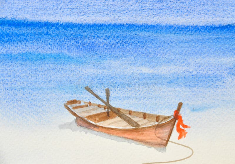 Jeden łódź rybacka na pięknym plażowym akwarela obrazie ilustracji Jeden łódź rybacka na pięknym plażowym akwarela obrazie ilustracji