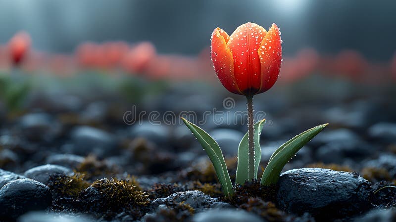 Jeden żywy tulip stojący pośród rosy porannej ilustracja wektor