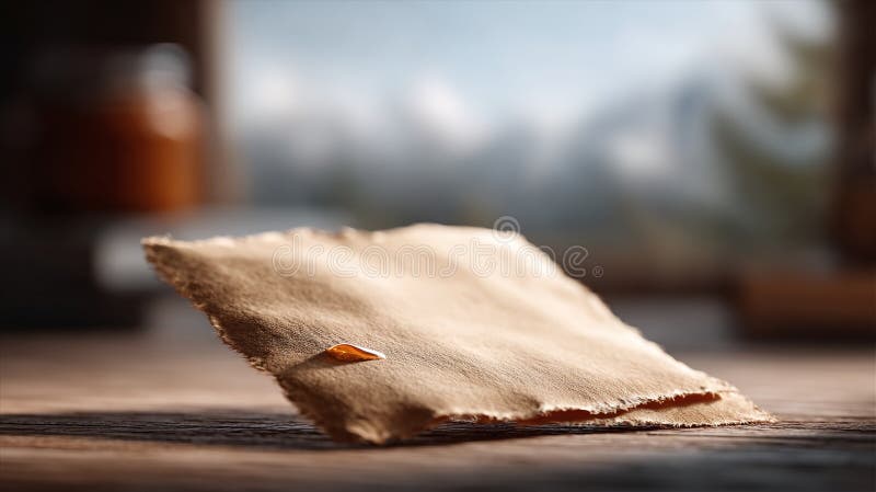 Jedna kropla żywicy bursztynowej opiera się na kawałku teksturowanego papieru pergaminowego. Papier leży na rustykalnej drewnianej royalty ilustracja