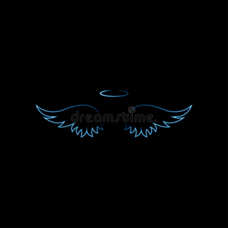 One line drawing neon wings isolated on black background. Neon angel wings silhouette. Religious sign symbol. Neon banner Vector graphic. EPS 10. One line drawing neon wings isolated on black background. Neon angel wings silhouette. Religious sign symbol. Neon banner Vector graphic. EPS 10