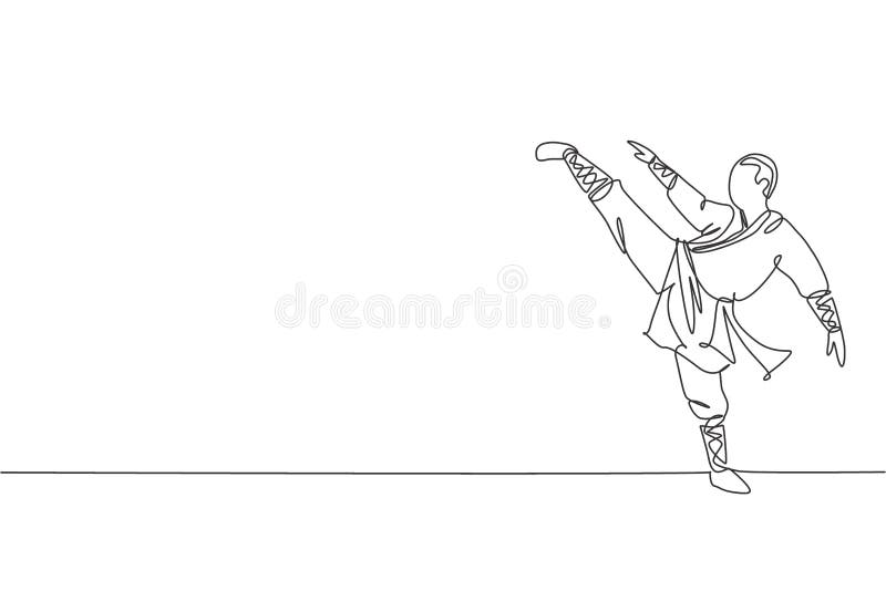 Jedna linia rysująca młodego energicznego małpa shaolin ćwiczyć kung fu walki na ilustracji wektora świątyni. starożytny ilustracji
