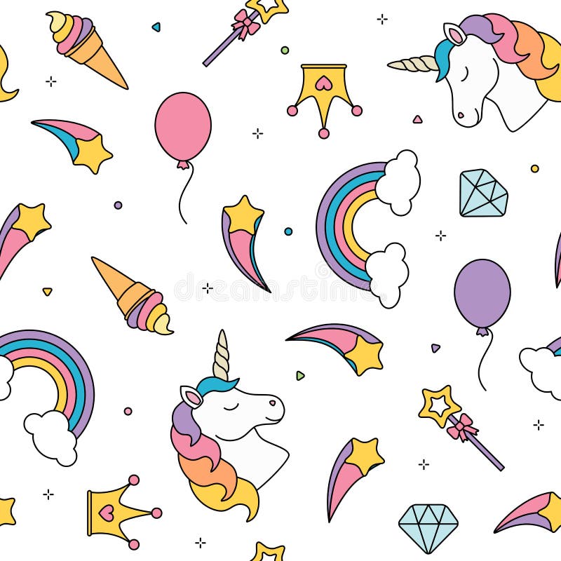 Unicorn, stars and rainbow seamless pattern isolated on white background. Unicorn, stars and rainbow seamless pattern isolated on white background