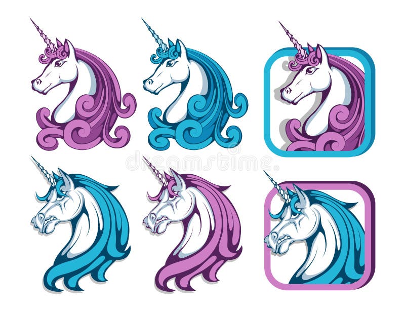 Jednorożec set Kreskówki jednorożec głowa Magiczny zwierzę royalty ilustracja