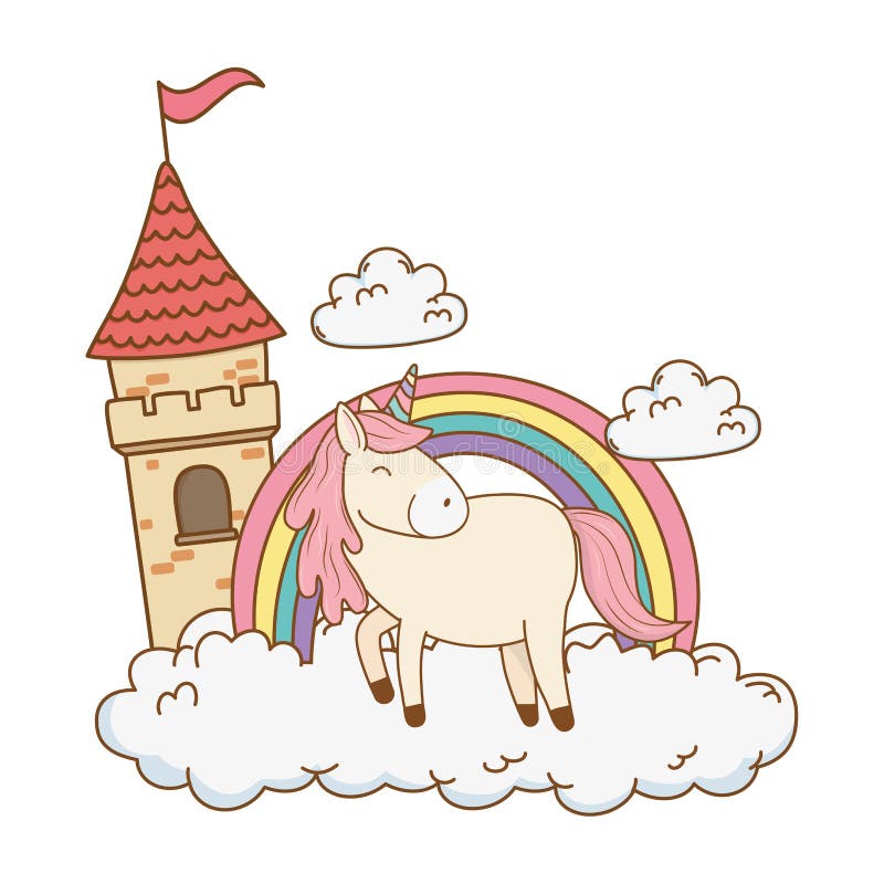 Jednorożec z kasztelem i tęcza w chmurach ilustracji