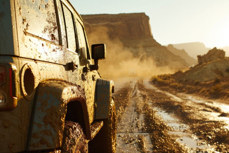 A Jeep Kicks Up Clouds of Dust As it Speeds Down a Dirt Road in the A Jeep Kicks Up Clouds of Dust As it Speeds Down a Dirt Road in the