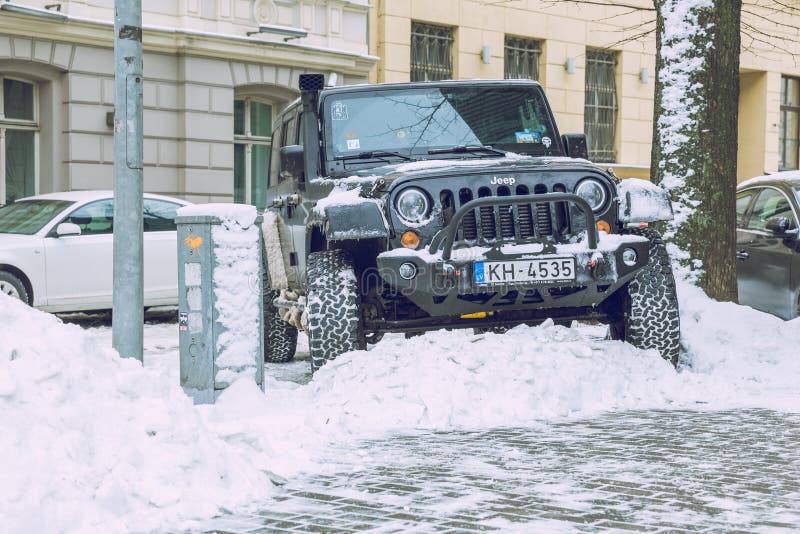 Jeep Wrangler, Black Color, Urban City Street. Snow and Cold Weather  Editorial Stock Image - Image of outdoor, sport: 139482959