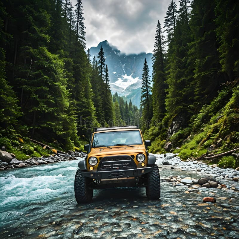 Jeep wrangler dryfujący przez małą rzekę otoczoną bujnymi drzewami zieleni górą w tle przygody samochodowej obraz royalty free
