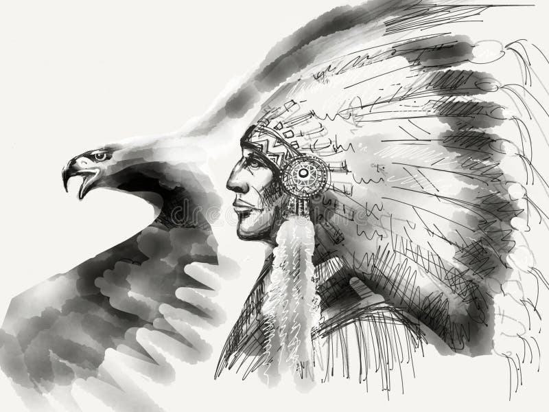 Jefe del nativo americano blanco y negro stock de ilustración Jefe del nativo americano blanco y negro stock de ilustración