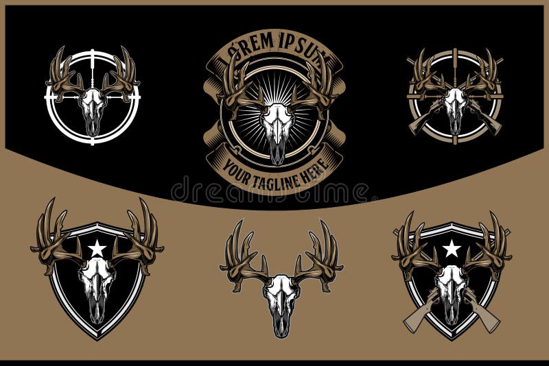 Jelenia czaszki głowa z przecinającej karabinowej wektorowej odznaki logo retro szablonem dla tropić klubu ilustracja wektor Jelenia czaszki głowa z przecinającej karabinowej wektorowej odznaki logo retro szablonem dla tropić klubu ilustracja wektor