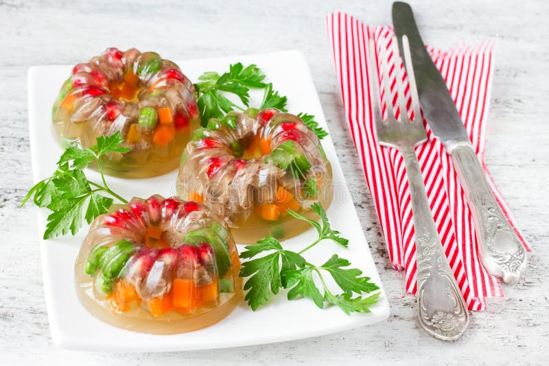 Jellied meat, aspic, galantine with vegetables and parsley royalty free stock images