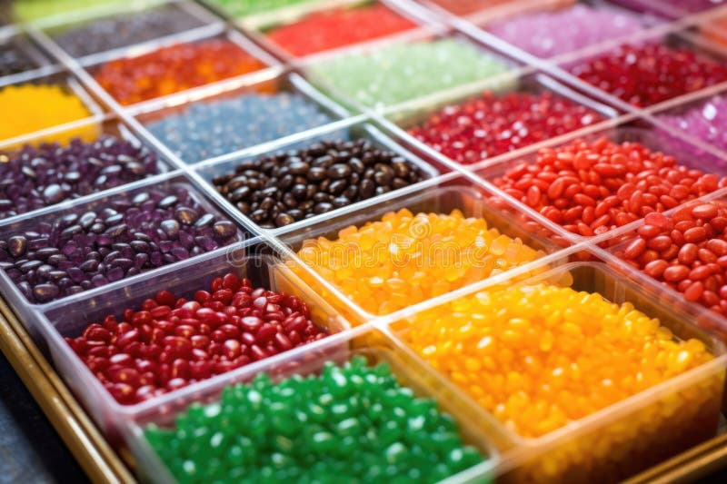 Jelly beans being sorted by color in trays, created with generative ai AI generated