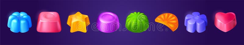Jelly candies, game icons, ui buttons, assets set vector illustration