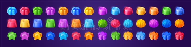Jelly candies, game icons, ui buttons, assets set vector illustration