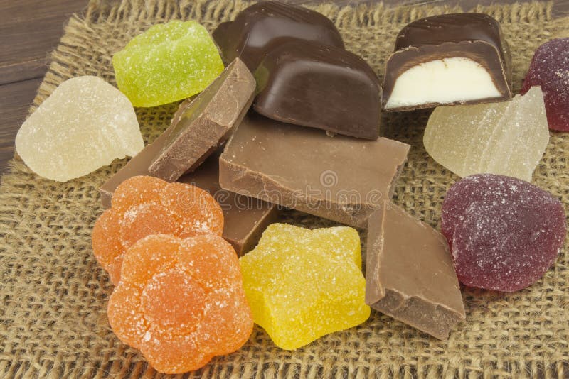 Jelly Candy and Chocolate on the Tablecloth. Sweets for Children Stock