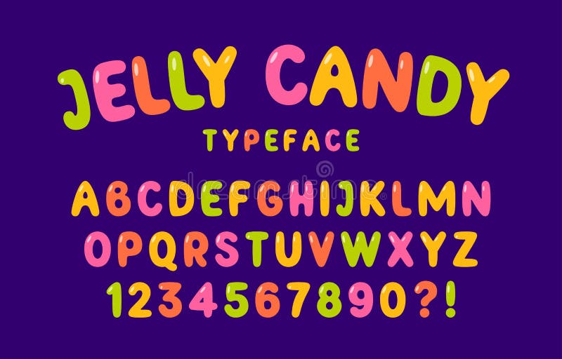 Jelly candy font. Multicolored vector uppercase alphabet and numbers isolated on dark background stock illustration