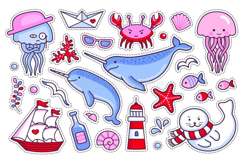 Jellyfish, crab, fur seal, starfish, fish, narwhal and lighthouse. Collection of sea stickers, patches and badges. Vector isolated illustration. Jellyfish, crab, fur seal, starfish, fish, narwhal and lighthouse. Collection of sea stickers, patches and badges. Vector isolated illustration