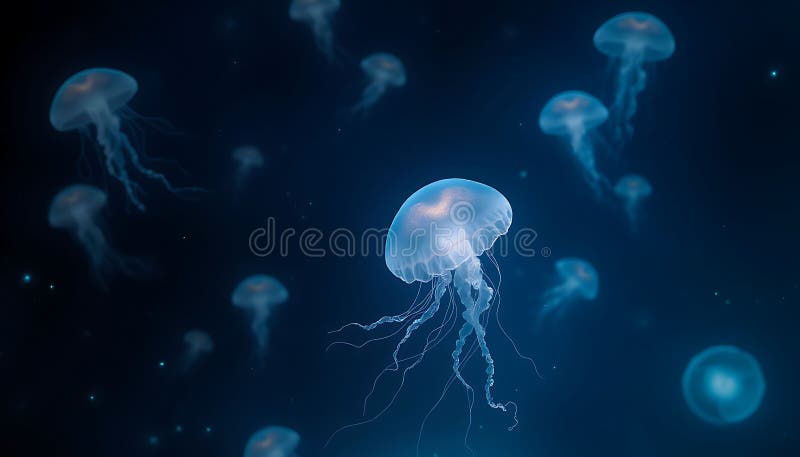 Jellyfish floating deep sea, bioluminescent ocean, marine life, Stock Photo, Generative AI stock illustration