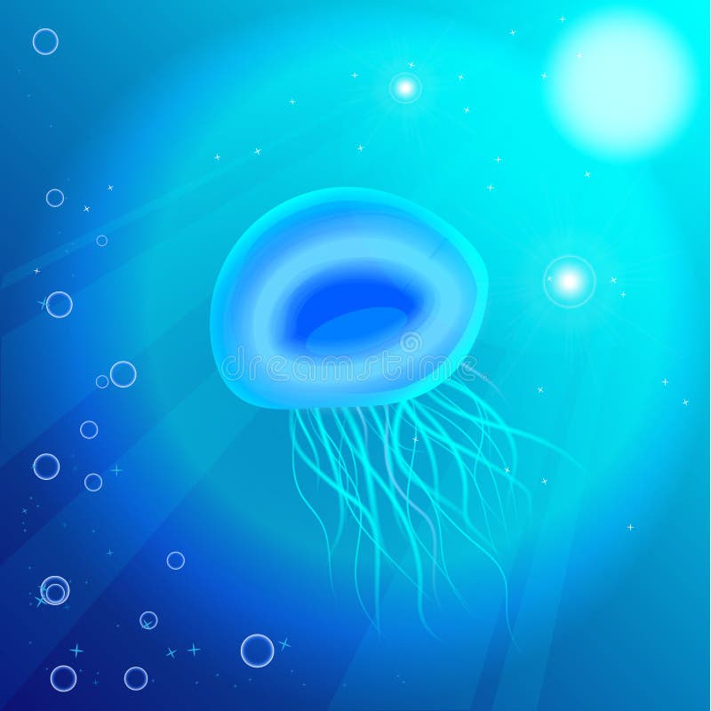 jellyfish or medusa - marine animal underwater, blue ocean and sea illustration with plankton,