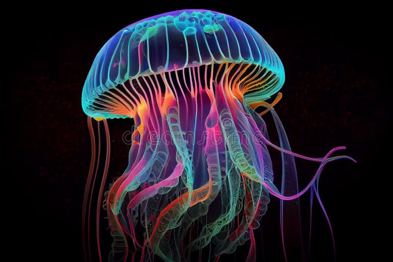 Jellyfish Swims in the Deep Dark Ocean. Beautiful Underwater Jellyfish ...