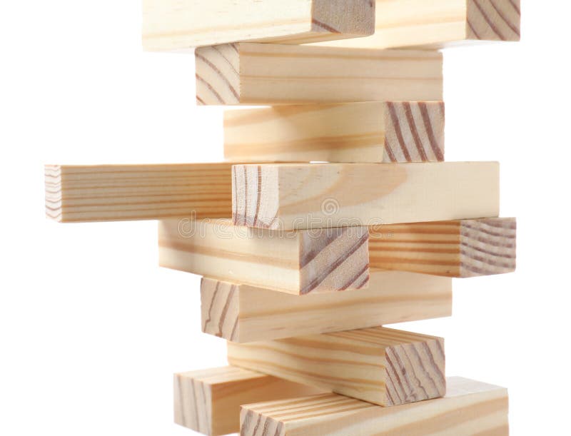 Jenga Tower Made of Wooden Blocks on White Background Stock Image