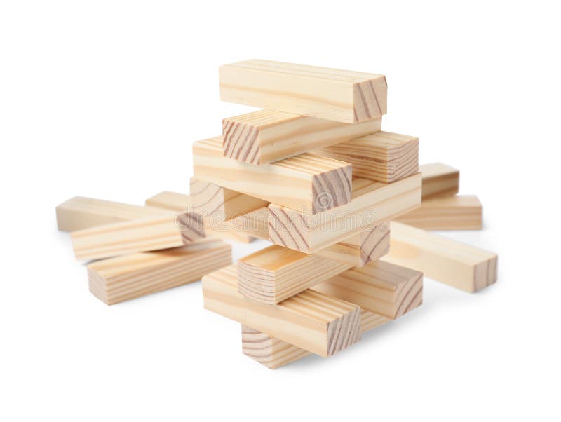 Jenga Tower Made of Wooden Blocks on White Background Stock Image