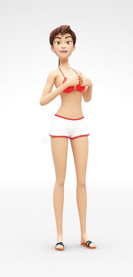 3D Rendered Animated Character in Casual Two-Piece Swimsuit Bikini, Isolated on White Spotlight Background. 3D Rendered Animated Character in Casual Two-Piece Swimsuit Bikini, Isolated on White Spotlight Background