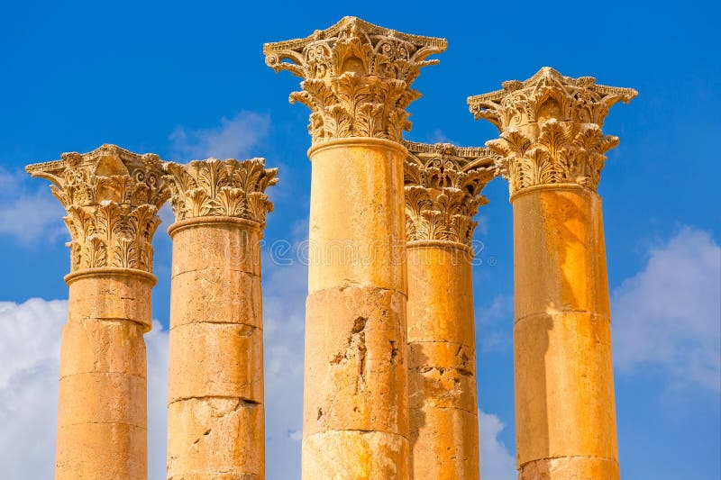 Jerash, Jordan close-up Temple of Artemis columns in the ancient Roman city of Gerasa, preset-day Jarash. Jerash, Jordan close-up Temple of Artemis columns in the ancient Roman city of Gerasa, preset-day Jarash