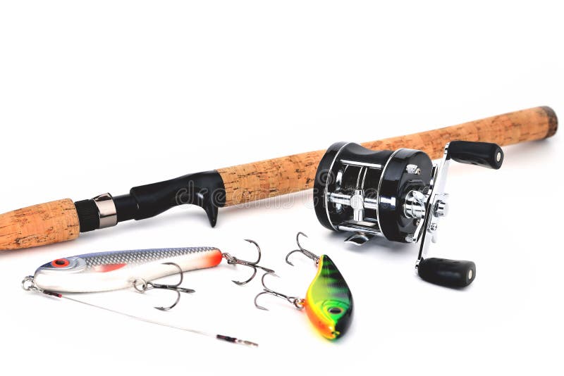 jerkeys spinning and multiplier reel for fishing on a white background close-up