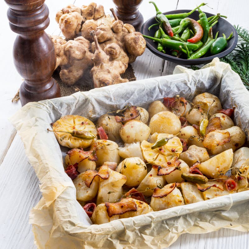 Jerusalem Artichoke Au Gratin with Ham and Chili Stock Photo Image of