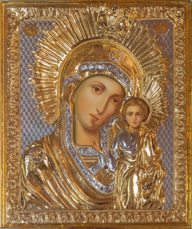 Jerusalem - The icon of Madonna in Russian orthodox Church of Holy Mary of Magdalene by unknown artist on the Mount of Olives.