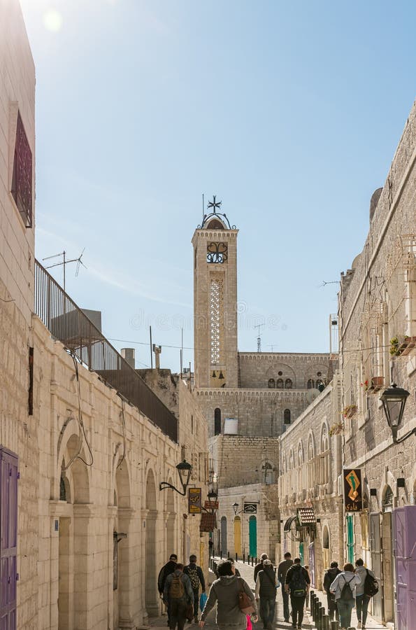 Numerous tourists walk along the Star street in Bethlehem in Palestine