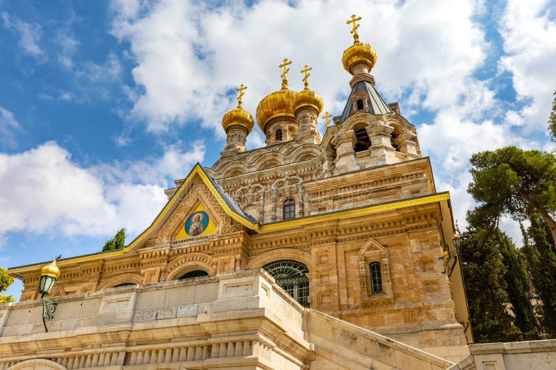 Russian orthodox church of St. Mary Magdalene on Mount of Olives in Kidron valley opposite walls of Old City of Jerusalem, Israel