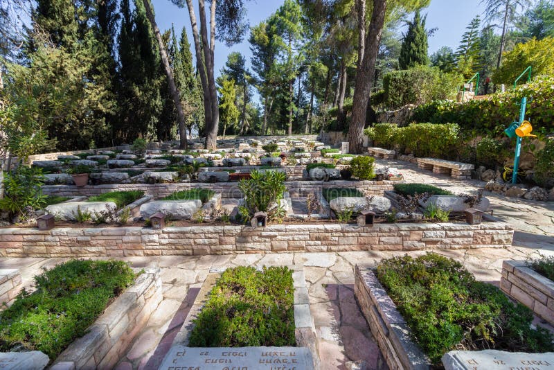 Rows of graves of soldiers who fell in the Israeli wars, in the military cemetery on Mount Herzl