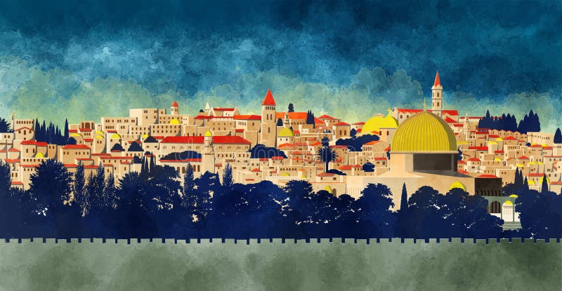 Jerusalem, Israel: view of the Dome of the Rock and the old city stock illustration Jerusalem, Israel: view of the Dome of the Rock and the old city stock illustration