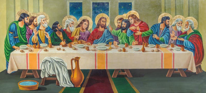Jeruzalem - het schilderen het Laatste avondmaal door kunstenaar Andranik (2001) op het hout in orthodox kerkgraf van Maagdelijke stock afbeeldingen Jeruzalem - het schilderen het Laatste avondmaal door kunstenaar Andranik (2001) op het hout in orthodox kerkgraf van Maagdelijke stock afbeeldingen