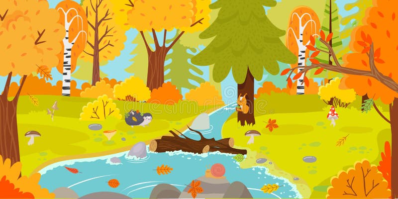 Autumn forest. Autumnal nature landscape, yellow forests trees and woodland fall leaves. October foliage fall autumnal scene, september park tree and river cartoon vector illustration. Autumn forest. Autumnal nature landscape, yellow forests trees and woodland fall leaves. October foliage fall autumnal scene, september park tree and river cartoon vector illustration