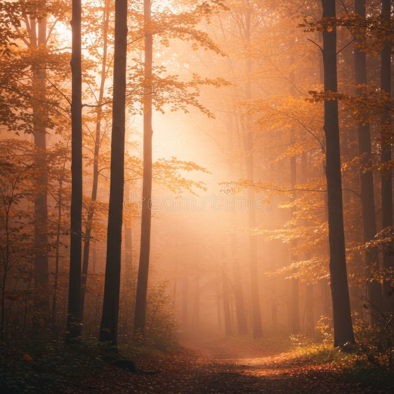 Jesienna ścieżka lasu Sunlight Golden Hour. Wygenerowane przez interfejs Ai