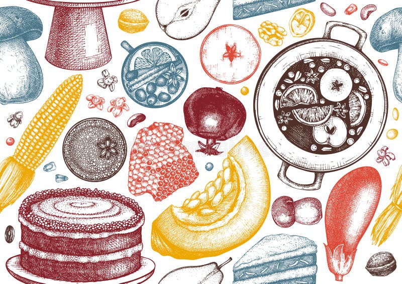 Jesienne żniwo wektorowe wektory bezszwowe Tradycyjny sezon jesienny z ręcznie ciągniętymi roślinami, jedzeniem, napojami, owocam ilustracja wektor