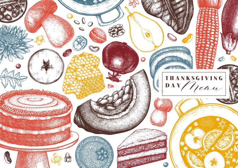 Jesienne żniwo wektorowe wektory bezszwowe Tradycyjny sezon jesienny z ręcznie ciągniętymi roślinami, jedzeniem, napojami, owocam ilustracji