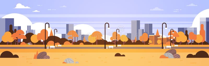 Jesień koloru żółtego parka outdoors miasta budynków latarni ulicznych pejzażu miejskiego miastowego pojęcia sztandaru horyzontal ilustracji Jesień koloru żółtego parka outdoors miasta budynków latarni ulicznych pejzażu miejskiego miastowego pojęcia sztandaru horyzontal ilustracji
