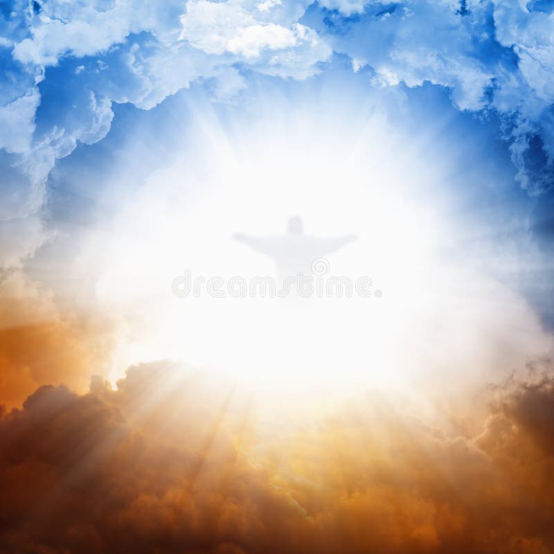 Christ silhouette in sky , bright light from heaven, blue and red clouds. Christ silhouette in sky , bright light from heaven, blue and red clouds