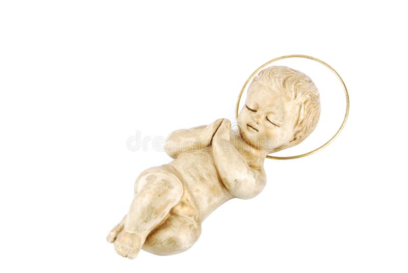 Golden figure of baby jesus isolated on white background