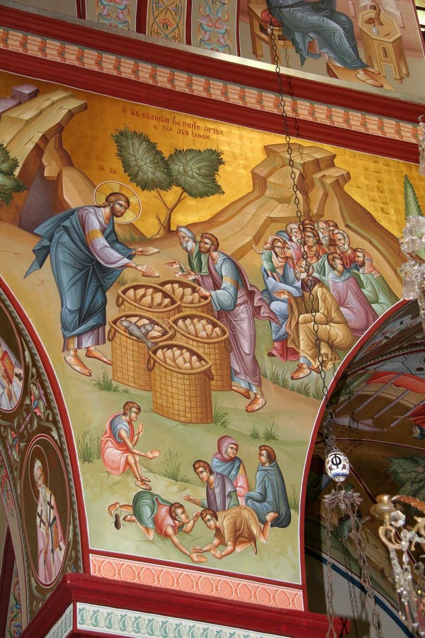 Jesus alimenta a multidão, fresco fotografia de stock Jesus alimenta a multidão, fresco fotografia de stock