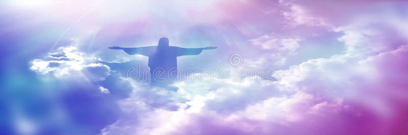 Jesus appeared bright in the sky and Christian Cross with soft fluffy clouds, white and beautiful with the light shining as hope, love and freedom in the sky background.