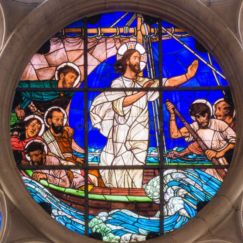 Jesus Calms the Storm, a stained glass on a window in Gustafs church, Copenhagen - February 11, 2014