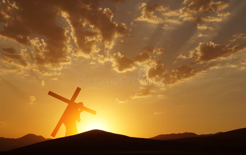 Christ carrying cross up Calvary on Good Friday over bright sky. Christ carrying cross up Calvary on Good Friday over bright sky