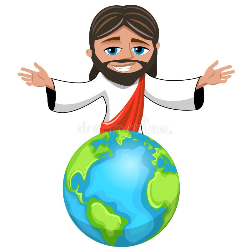 Jesus Christ Cartoon Open Arms Over the Earth Planet Isolated on White. the  Savior of the World Stock Vector - Illustration of planet, evangelical:  168858595
