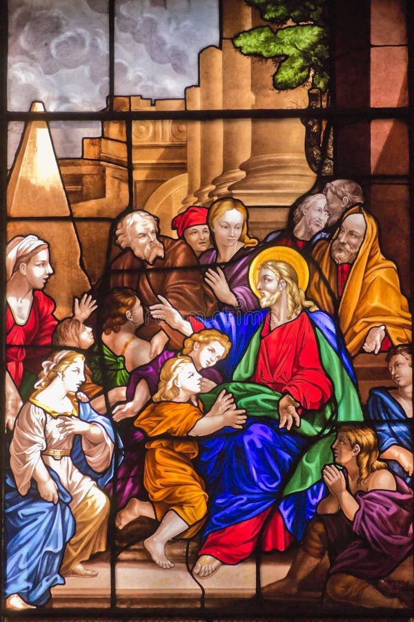 Jesus Christ and Children Stained Glass Window stock image Jesus Christ and Children Stained Glass Window stock image