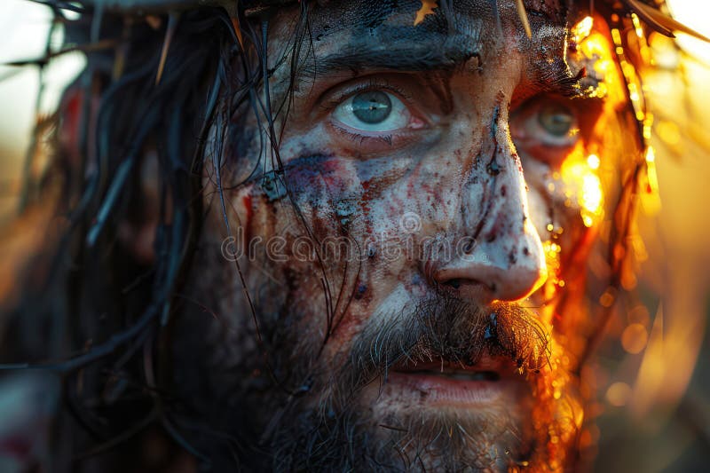 Jesus christ con corona de espinas con fondo de cruz al atardecer retrato fotorealista cerrar stock de ilustración